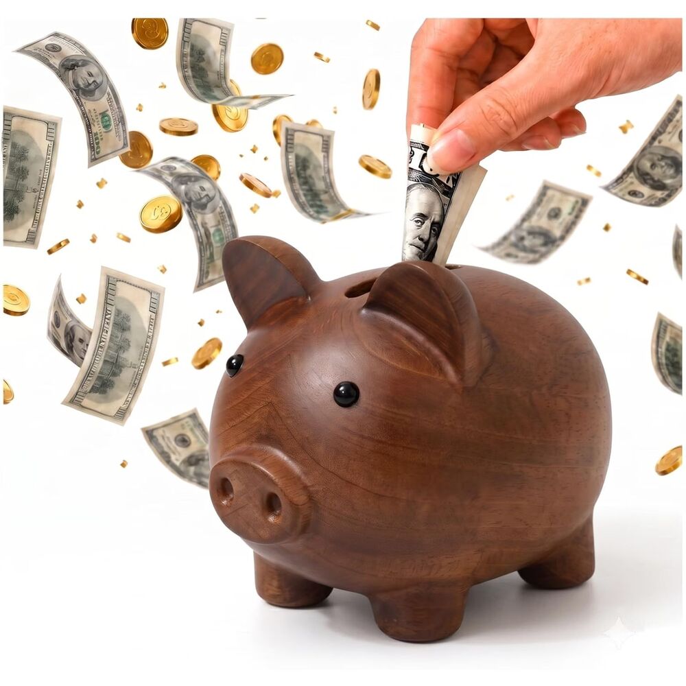 Wood Piggy Bank Solid Sapele Reusable Coin & Cash Savings Bank Kids Adults